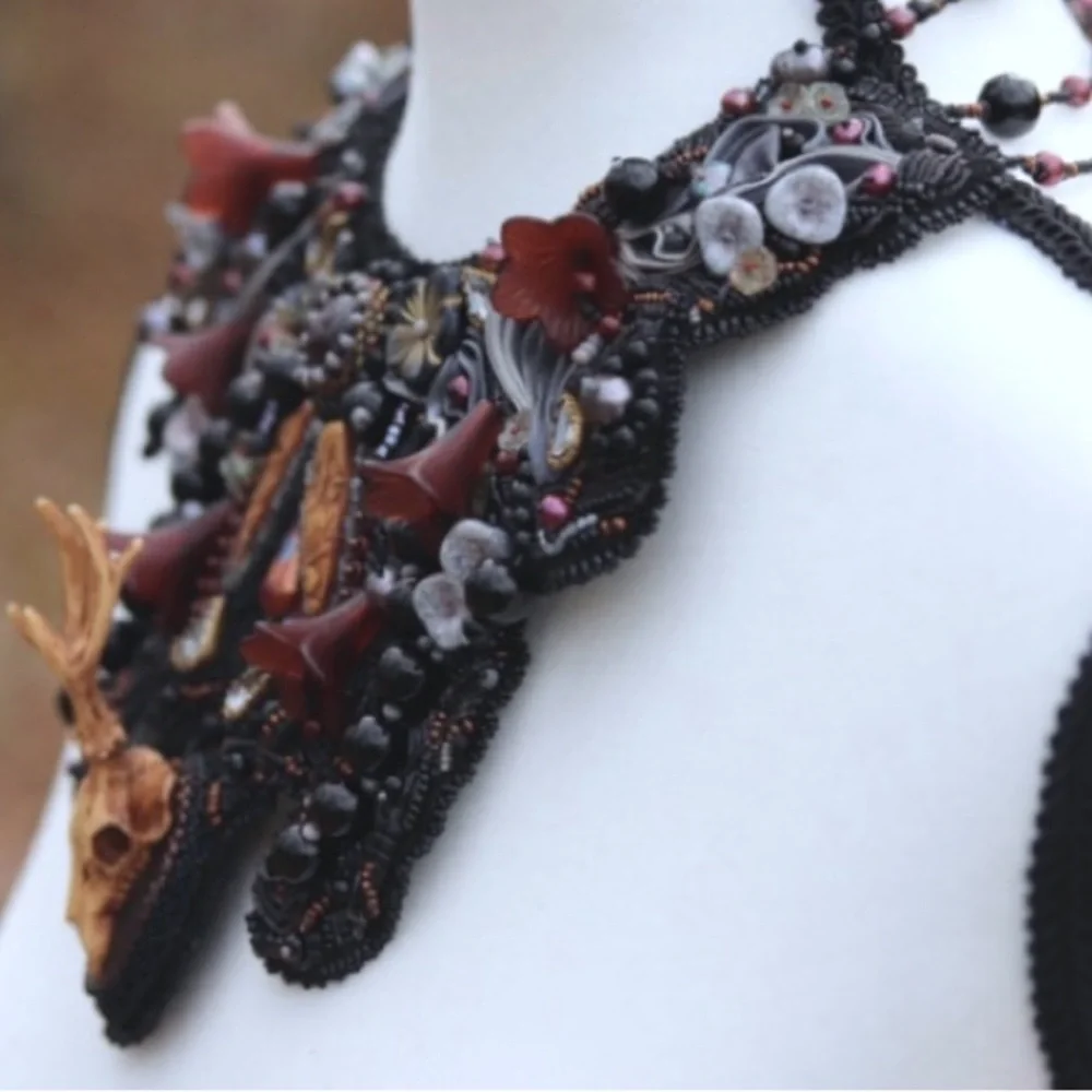 Gothic Animal Skull Statement Artisan Necklace w/ Star Garnet Art Piece - Picture 3 of 4